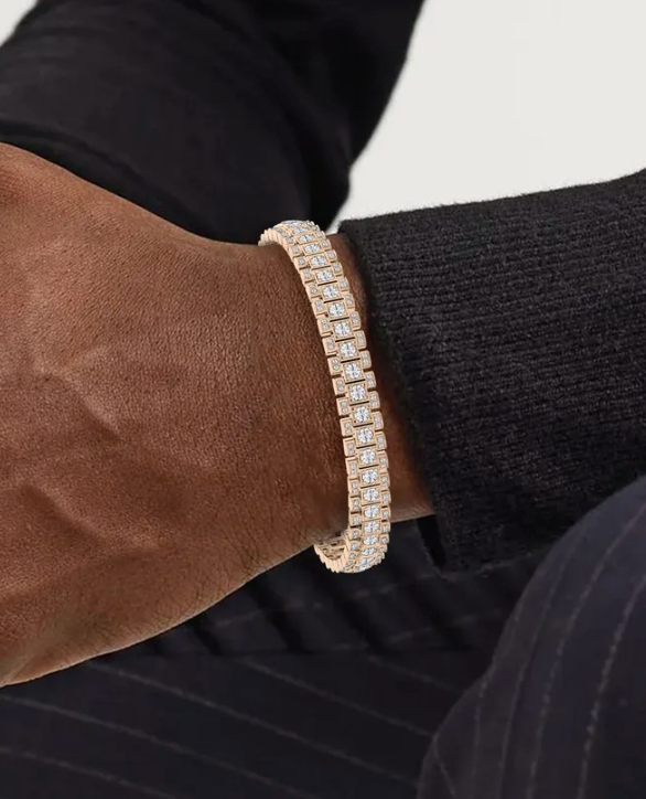 Lab-Grown Mens Flexible Triple Row Round Bracelet