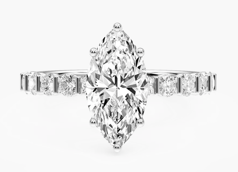 Marquise Cut 2ct. Bar & Diamond With Hidden Halo Engagement Ring