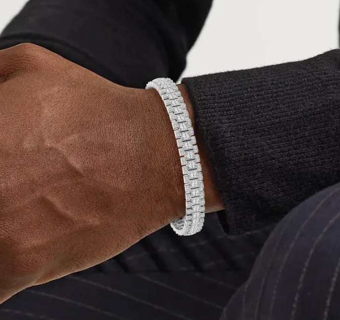 Lab-Grown Mens Flexible Triple Row Round Bracelet